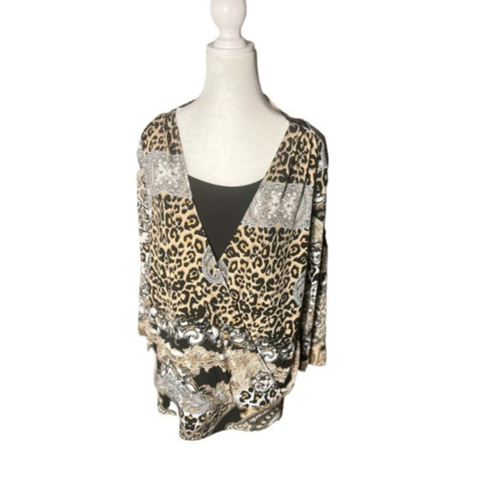 Chicos Black Brown Printed Crossover‎ Blouse Wrap Top Size 2
